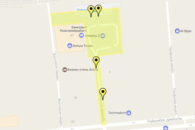 Карта-схема расположения паркоматов в районе ж.-д. вокзала Алматы-2