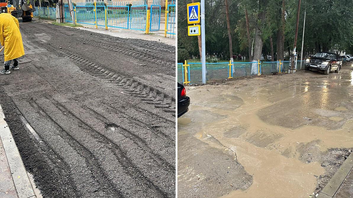 Алматыда жолшылар жаңбырда асфальт төсеген