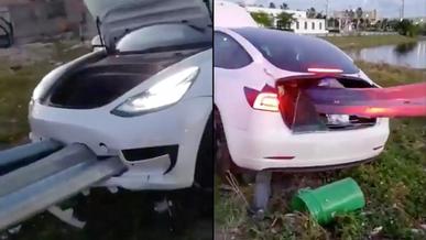 Ограждение насквозь прошило Tesla Model 3