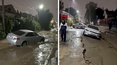 Более десятка авто повреждено на размытой дождём улице в Алматы