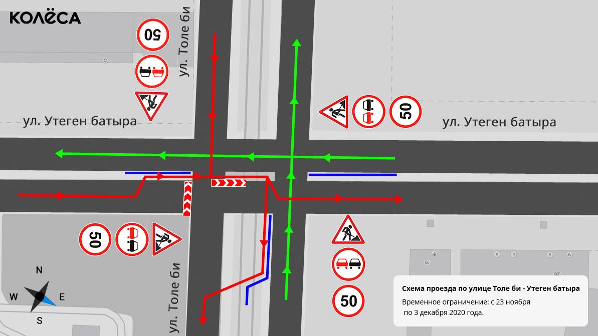 Перекрёсток Толе би - Утеген батыра частично перекроют 23 ноября с 8 утра