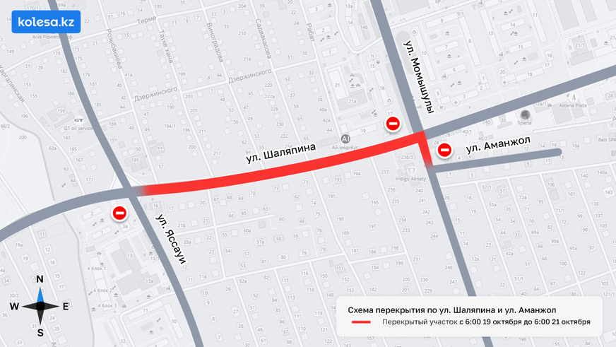 Участки улиц Шаляпина и Момышулы перекроют в Алматы на три дня
