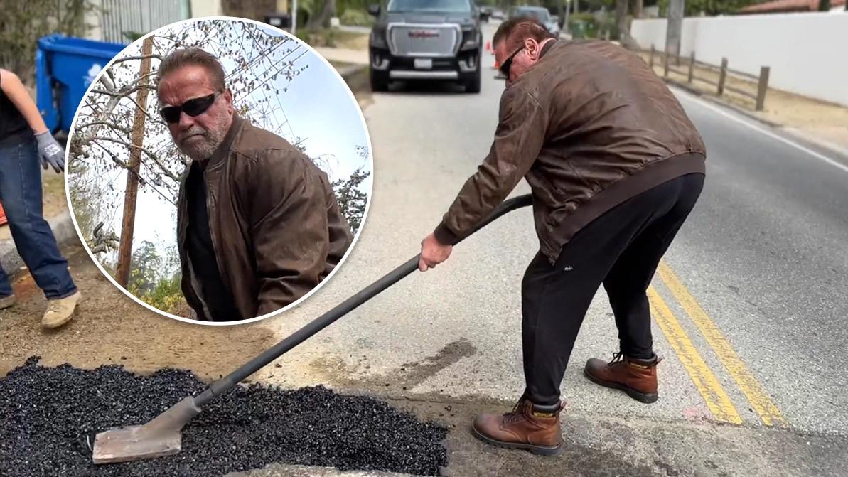 Арнольд Шварценеггер своими руками починил яму на дороге