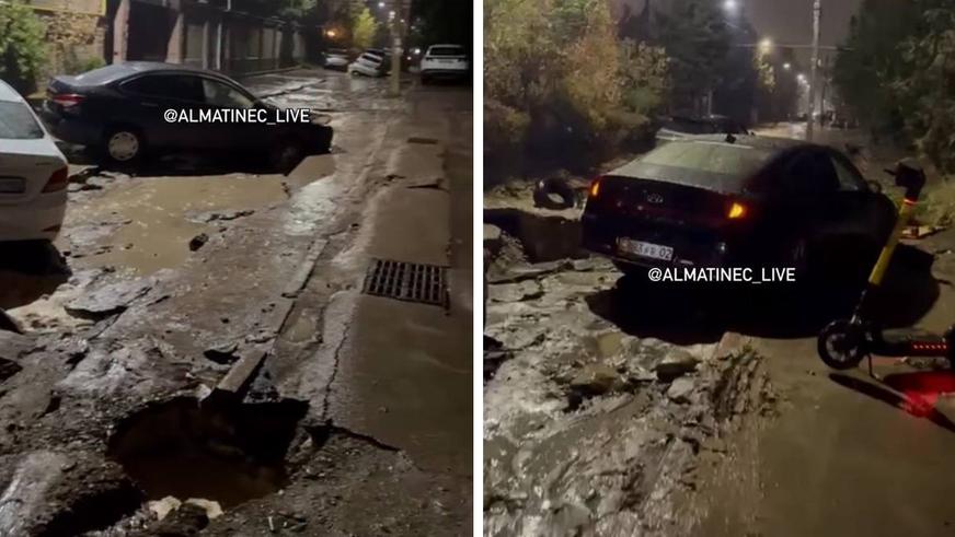 Более десятка авто повреждено на размытой дождём улице в Алматы