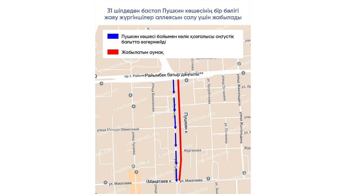 Алматыдағы Пушкин көшесінің бір бөлігінде енді көлік жүрмейді