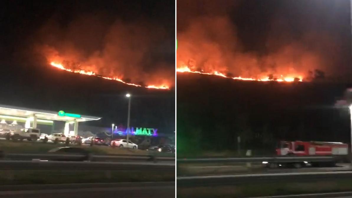 Едва не загорелась АЗС на ВОАД из-за пожара на склоне горы в Алматы