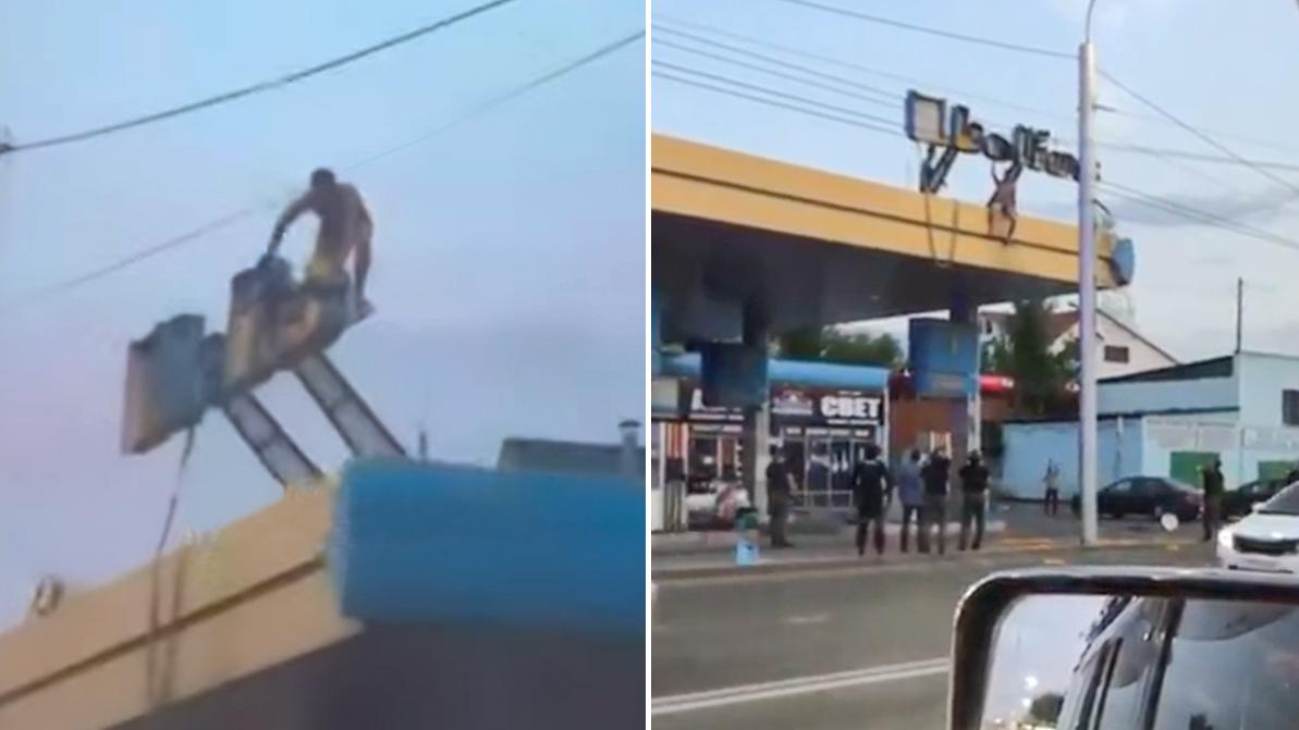 Неадекватный мужчина залез на крышу автозаправки в Алматы