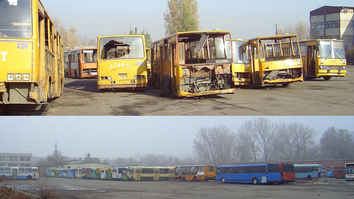 Неизвестные автобусы Алматы: красный, синий и белый в голубую полосочку