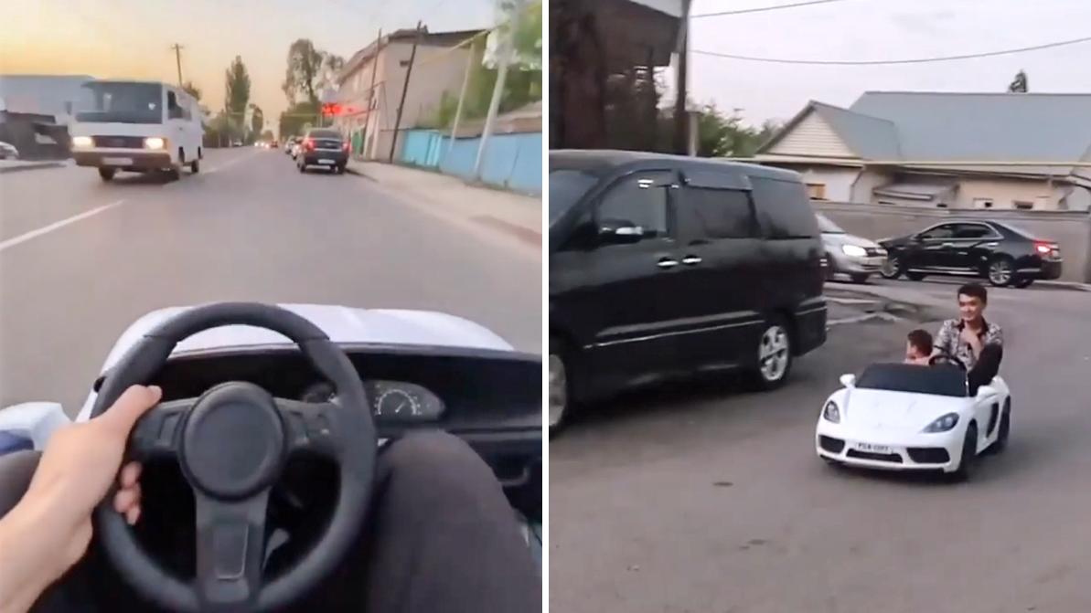 Игрушечный Porsche на дороге попал на видео в Алматы